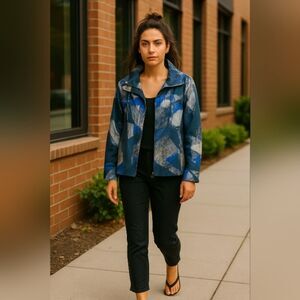 Jockey Person to Person Women's Windbreaker Jacket L Blue Gray Abstract Zip Y2K